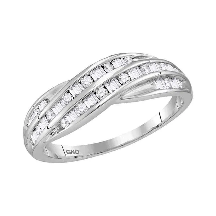 mayamila Rings 10kt White Gold Womens Round Baguette Diamond Crossover Band Ring 13 Cttw mayamila Rings 10kt White Gold Womens Round Baguette Diamond Crossover Band Ring 13 Cttw