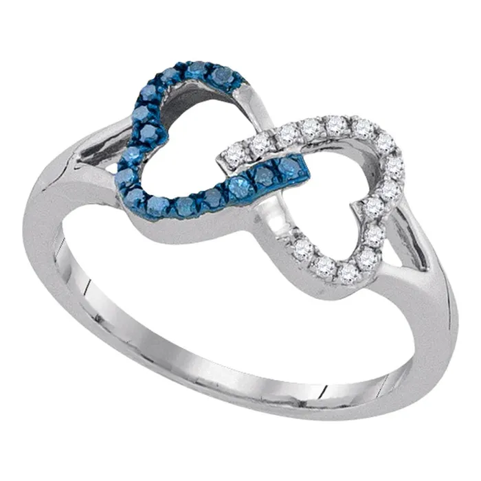 Rings mayamila Sterling Silver Womens Round Blue Color Enhanced Diamond Double Linked Heart Ring 16 Cttw Rings mayamila Sterling Silver Womens Round Blue Color Enhanced Diamond Double Linked Heart Ring 16 Cttw