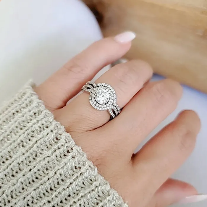 Shineofdiamond Rings 2Piece Double Halo Round Cut Split Shank Bridal Set Ring in Sterling Silver Shineofdiamond Rings 2Piece Double Halo Round Cut Split Shank Bridal Set Ring in Sterling Silver