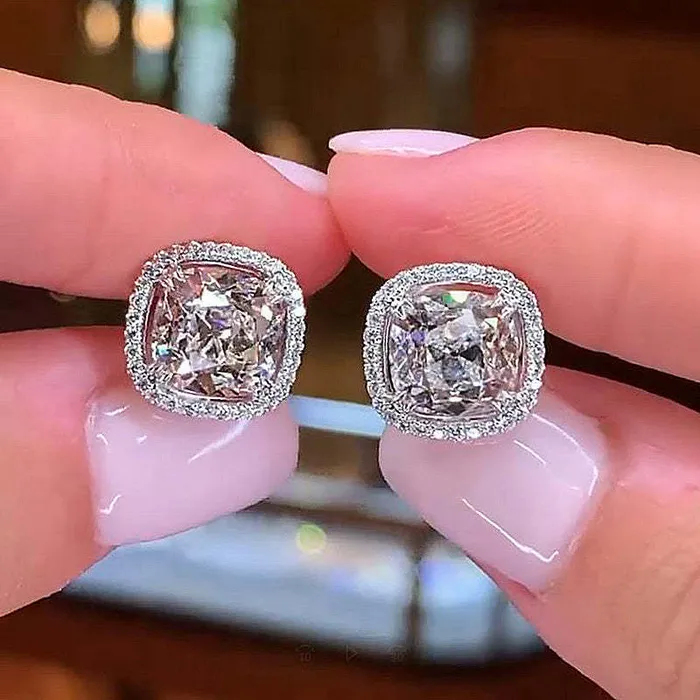 Sparkle Halo Cushion Cut Stud Earrings In Sterling Silver Shineofdiamond Earrings
