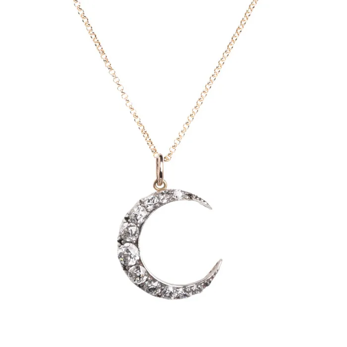 Bell Bird Antiques Necklaces Late 19th Petite Century Diamond Crescent Moon Pendant Bell Bird Antiques Necklaces Late 19th Petite Century Diamond Crescent Moon Pendant